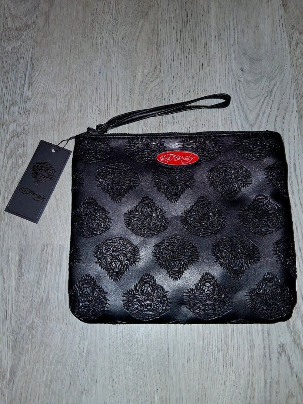 Ed Hardy Tattoo Tiger Black Faux Leather Makeup Bag Zipper Pouch Cosmetic Case